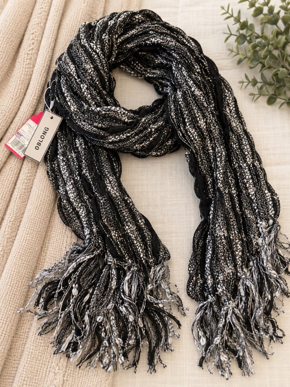Black Silver Metallic Textured Fringe Scarf Oblong New With Tags
